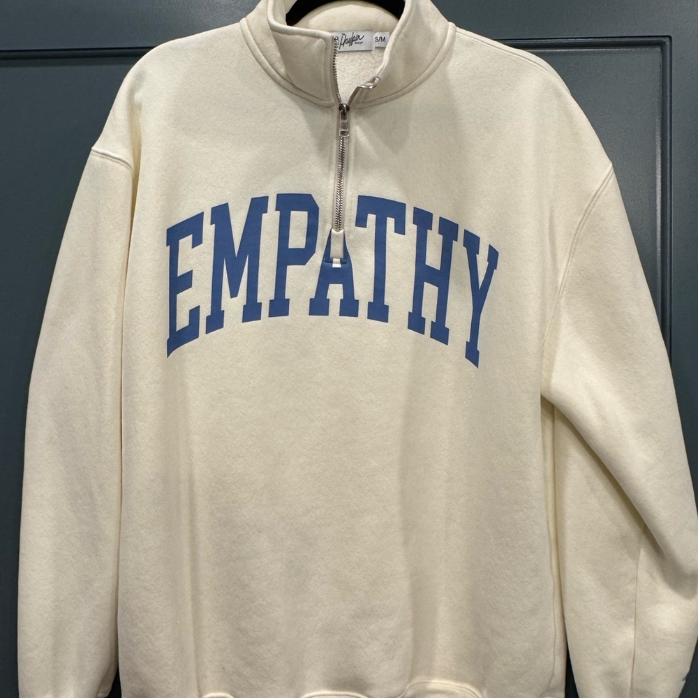 Half-Zip Sweater in Cream with Blue Lettering